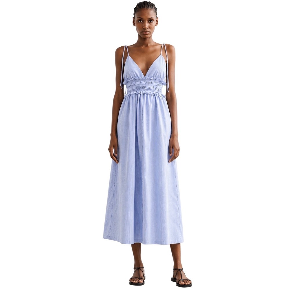 Zara Coastal Chic Blue White Striped Cotton Midi Dress Tie Strap Pockets Sz M